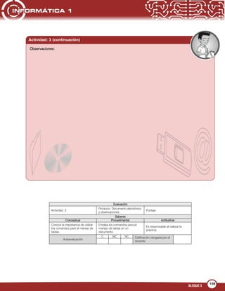 BLOQUE 3
159
Observaciones:
Evaluación
Actividad: 3
Producto: Documento electrónico
y observaciones
Puntaje:
Saberes
Conceptual Procedimental Actitudinal
Conoce la importancia de utilizar
los comandos para el manejo de
tablas.
Emplea los comandos para el
manejo de tablas en un
documento.
Es responsable al realizar la
práctica.
Autoevaluación
C MC NC Calificación otorgada por el
docente
Actividad: 3 (continuación)
 