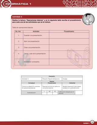 193
BLOQUE 4
Evaluación
Actividad: 5 Producto: Reporte del ejercicio Puntaje:
Saberes
Conceptual Procedimental Actitudinal
Conoce la utilidad de comandos
de operaciones básicas.
Describe la forma de operar los
comandos básicos.
Muestra disposición para realizar
la tabla con su procedimiento.
Autoevaluación
C MC NC Calificación otorgada por el
docente
Realiza la lectura “Operaciones básicas” y en la siguiente tabla escribe el procedimiento
para cada una de las actividades que se te indican.
Actividad: 5
Tabla de operaciones básicas.
No. Act. Actividad Procedimiento
1. Guardar una presentación.
2. Abrir una presentación.
3. Crear una presentación.
4. Cerrar y salir de la presentación.
5. Establecer contraseña.
 