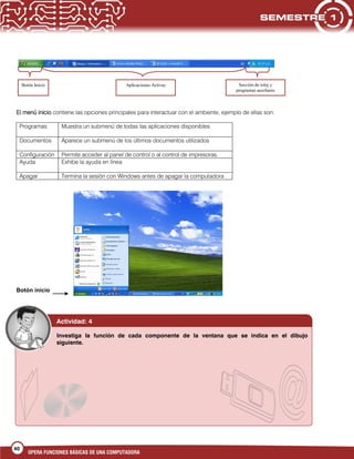 40
OPERA FUNCIONES BÁSICAS DE UNA COMPUTADORA
El menú inicio contiene las opciones principales para interactuar con el ambiente, ejemplo de ellas son:
Programas Muestra un submenú de todas las aplicaciones disponibles
Documentos Aparece un submenú de los últimos documentos utilizados
Configuración Permite acceder al panel de control o al control de impresoras.
Ayuda Exhibe la ayuda en línea
Apagar Termina la sesión con Windows antes de apagar la computadora
Botón inicio
Actividad: 4
Investiga la función de cada componente de la ventana que se indica en el dibujo
siguiente.
Aplicaciones Activas Sección de reloj y
programas auxiliares
Botón Inicio
 