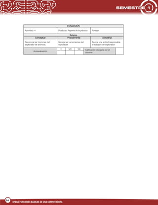 54
OPERA FUNCIONES BÁSICAS DE UNA COMPUTADORA
EVALUACIÓN
Actividad: 4 Producto: Reporte de la práctica Puntaje:
Saberes
Conceptual Procedimental Actitudinal
Reconoce las funciones del
explorador de archivos.
Maneja las herramientas del
explorador.
Asume una actitud responsable
al trabajar con explorador.
Autoevaluación
C MC NC Calificación otorgada por el
docente
 