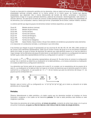 107BLOQUE 4
Cuando se descubrió la ordenación periódica de los elementos, ésta se realizó de forma tal que los elementos con
propiedades químicas similares cayeran en la misma vertical, en el mismo grupo, de manera que algunas
propiedades, que dependen más o menos directamente del tamaño del átomo, aumentaran o decrecieran
regularmente al bajar en el grupo (afinidad electrónica, potencial de ionización, electronegatividad, radio atómico o
volumen atómico). De esta forma el hecho de conocer la tabla periódica significa poder predecir las propiedades de
los elementos y sus compuestos: valencia, óxidos que forman, propiedades de los óxidos, carácter metálico, etcétera.
Lo anterior permite que algunos grupos de elementos reciban nombres específicos, por ejemplo:
Grupo IA Metales alcalinos (cenizas)
Grupo IIA Metales Alcalino-térreos.
Grupo IIIA Familia del Boro.
Grupo IVA Familia del Carbono.
Grupo VA Familia del Nitrógeno.
Grupo VIA Familia del Oxígeno.
Grupo VIIA Familia de los Halógenos.
Grupo VIIIA Gases Nobles, Gases Inertes o Grupo Cero (debido a la tendencia que presentan estos elementos
a no reaccionar, en condiciones normales, o combinarse ni aun entre ellos).
A las familias que integran el grupo A representado por las columnas IA, IIA, IIIA, IVA, VA, VIA, VIIA y VIIIA, también se
les conoce como elementos representativos. Dado que el número romano del grupo en el se encuentran localizados
dentro de la tabla, es igual al número de electrones de valencia que cada elemento posee en su nivel de valencia o
mayor energía. Así los elementos del grupo IA todos tienen un solo electrón de valencia y su configuración de Lewis es
también igual y todos ellos (representativos) terminan su configuración en subnivel “s” o subnivel “p”.
Por ejemplo, el y el son elementos representativos del grupo IA. De esta forma al conocer la configuración
puntual de un elemento se determina su localización en la tabla periódica y, a la inversa conociendo su localización
en la tabla se determina su configuración electrónica.
Los elementos que forman parte de los grupos de la serie B, no cumplen con la característica de los grupos de la
serie A, y su localización en la tabla se hace con base en el número de electrones que el elemento posee en el último
subnivel de su configuración, el cual puede ser “d” o “f”. De tal manera que para los elementos del bloque “d”, los
grupos que les corresponden son:
IIIB IVB VB VIB VIIB VIIIB IB IIB
d1
d2
d3
d4
d5
d6
d7
d8
d9
d10
Ejemplo: para el cromo (24Cr) su configuración es: 1s2
2s2
2p6
3s2
3p6
4s2
3d4
, por lo tanto su ubicación en la tabla
periódica es en el grupo VIB.
Periodos.
Observa detenidamente tu tabla periódica y te darás cuenta que los elementos también se localizan en forma
horizontal o renglones, a los cuales se les denomina períodos. En total la tabla periódica está dividida en siete
renglones o períodos.
Para todos los elementos de la tabla periódica, el número de período, contando de arriba hacia abajo, en el cual se
encuentran localizados, es igual a su Nivel de Valencia o bien indica el total de niveles de energía del átomo.
 
