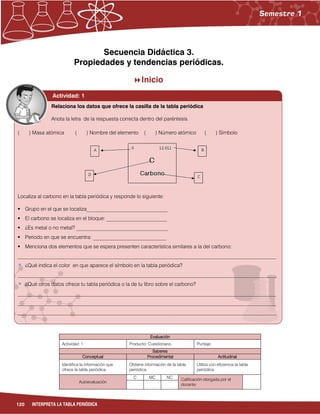120 INTERPRETA LA TABLA PERIÓDICA
Secuencia Didáctica 3.
Propiedades y tendencias periódicas.
Inicio
Evaluación
Actividad: 1 Producto: Cuestionario. Puntaje:
Saberes
Conceptual Procedimental Actitudinal
Identifica la información que
ofrece la tabla periódica.
Obtiene información de la tabla
periódica.
Utiliza con eficiencia la tabla
periódica.
Autoevaluación
C MC NC Calificación otorgada por el
docente
Actividad: 1
( ) Masa atómica ( ) Nombre del elemento ( ) Número atómico ( ) Símbolo
Localiza al carbono en la tabla periódica y responde lo siguiente:
 Grupo en el que se localiza_______________________________
 El carbono se localiza en el bloque: _______________________
 ¿Es metal o no metal? ___________________________________
 Periodo en que se encuentra: ____________________________
 Menciona dos elementos que se espera presenten característica similares a la del carbono:
___________________________________________________________________________________________________
¿Qué indica el color en que aparece el símbolo en la tabla periódica?
___________________________________________________________________________________________________
¿Qué otros datos ofrece tu tabla periódica o la de tu libro sobre el carbono?
___________________________________________________________________________________________________
___________________________________________________________________________________________________
___________________________________________________________________________________________________
Relaciona los datos que ofrece la casilla de la tabla periódica
Anota la letra de la respuesta correcta dentro del paréntesis.
 