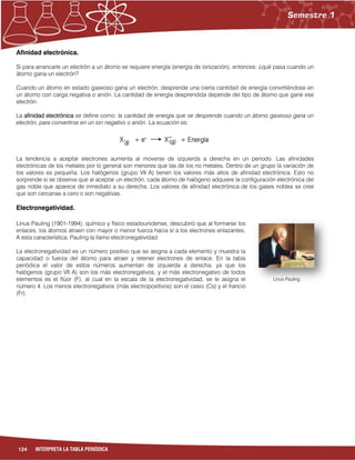 124 INTERPRETA LA TABLA PERIÓDICA
Linus Pauling
Afinidad electrónica.
Si para arrancarle un electrón a un átomo se requiere energía (energía de ionización), entonces: ¿qué pasa cuando un
átomo gana un electrón?
Cuando un átomo en estado gaseoso gana un electrón, desprende una cierta cantidad de energía convirtiéndose en
un átomo con carga negativa o anión. La cantidad de energía desprendida depende del tipo de átomo que gane ese
electrón.
La afinidad electrónica se define como: la cantidad de energía que se desprende cuando un átomo gaseoso gana un
electrón, para convertirse en un ion negativo o anión. La ecuación es:
La tendencia a aceptar electrones aumenta al moverse de izquierda a derecha en un periodo. Las afinidades
electrónicas de los metales por lo general son menores que las de los no metales. Dentro de un grupo la variación de
los valores es pequeña. Los halógenos (grupo VII A) tienen los valores más altos de afinidad electrónica. Esto no
sorprende si se observa que al aceptar un electrón, cada átomo de halógeno adquiere la configuración electrónica del
gas noble que aparece de inmediato a su derecha. Los valores de afinidad electrónica de los gases nobles se cree
que son cercanas a cero o son negativas.
Electronegatividad.
Linus Pauling (1901-1994), químico y físico estadounidense, descubrió que al formarse los
enlaces, los átomos atraen con mayor o menor fuerza hacia sí a los electrones enlazantes.
A esta característica, Pauling la llamo electronegatividad.
La electronegatividad es un número positivo que se asigna a cada elemento y muestra la
capacidad o fuerza del átomo para atraer y retener electrones de enlace. En la tabla
periódica el valor de estos números aumentan de izquierda a derecha, ya que los
halógenos (grupo VII A) son los más electronegativos, y el más electronegativo de todos
elementos es el flúor (F), al cual en la escala de la electronegatividad, se le asigna el
número 4. Los menos electronegativos (más electropositivos) son el cesio (Cs) y el francio
(Fr).
 