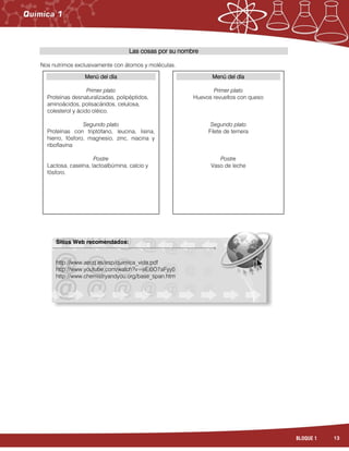 13BLOQUE 1
Las cosas por su nombre
Nos nutrimos exclusivamente con átomos y moléculas.
Menú del día
Primer plato
Huevos revueltos con queso
Segundo plato
Filete de ternera
Postre
Vaso de leche
Menú del día
Primer plato
Proteínas desnaturalizadas, polipéptidos,
aminoácidos, polisacáridos, celulosa,
colesterol y ácido oléico.
Segundo plato
Proteínas con triptófano, leucina, lisina,
hierro, fósforo, magnesio, zinc, niacina y
riboflavina
Postre
Lactosa, caseína, lactoalbúmina, calcio y
fósforo.
Sitios Web recomendados:
http://www.aecq.es/esp/quimica_vida.pdf
http://www.youtube.com/watch?v=eEi0O7aFyy0
http://www.chemistryandyou.org/base_span.htm
 
