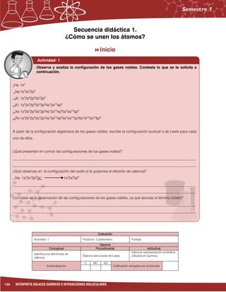 130 INTERPRETA ENLACES QUÍMICOS E INTERACCIONES MOLECULARES
Secuencia didáctica 1.
¿Cómo se unen los átomos?
Inicio
Evaluación
Actividad: 1 Producto: Cuestionario. Puntaje:
Saberes
Conceptual Procedimental Actitudinal
Identifica los electrones de
valencia.
Elabora estructuras de Lewis.
Valora la representación simbólica
utilizada en Química.
Autoevaluación
C MC NC
Calificación otorgada por el docente
Observa y analiza la configuración de los gases nobles. Contesta lo que se te solicita a
continuación.
2He 1s2
10Ne1s2
2s2
2p6
18Ar 1s2
2s2
2p6
3s2
3p6
36Kr 1s2
2s2
2p6
3s2
3p6
4s2
3d10
4p6
54Xe 1s2
2s2
2p6
3s2
3p6
4s2
3d10
4p6
5s2
4d10
5p6
86Rn1s2
2s2
2p6
3s2
3p6
4s2
3d10
4p6
5s2
4d10
5p6
6s2
4f14
5d10
6p6
A partir de la configuración algebraica de los gases nobles, escribe la configuración puntual o de Lewis para cada
uno de ellos.
¿Qué presentan en común las configuraciones de los gases nobles?
___________________________________________________________________________________________________
___________________________________________________________________________________________________
¿Qué observas en la configuración del sodio si le quitamos el electrón de valencia?
11Na 1s2
2s2
2p6
3s1
1s2
2s2
2p6
___________________________________________________________________________________________________
___________________________________________________________________________________________________
Con base en la observación de las configuraciones de los gases nobles, ¿a qué asocias el término octeto?
___________________________________________________________________________________________________
___________________________________________________________________________________________________
Actividad: 1
 