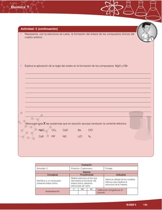 135BLOQUE 5
Evaluación
Actividad: 2 Producto: Cuestionario. Puntaje:
Saberes
Conceptual Procedimental Actitudinal
Identifica si un compuesto
presenta enlace iónico.
Realiza ejercicios en los que
demuestra la formación del
enlace iónico utilizando
estructuras de Lewis.
Valora la utilidad de los modelos
teóricos para explicar la
estructura de la materia.
Autoevaluación
C MC NC Calificación otorgada por el
docente
Actividad: 2 (continuación)
Representa, con la estructura de Lewis, la formación del enlace de los compuestos iónicos del
cuadro anterior.
Explica la aplicación de la regla del octeto en la formación de los compuestos: MgO y KBr.
_______________________________________________________________________________________________
_______________________________________________________________________________________________
_______________________________________________________________________________________________
_______________________________________________________________________________________________
_______________________________________________________________________________________________
_______________________________________________________________________________________________
_______________________________________________________________________________________________
_______________________________________________________________________________________________
_______________________________________________________________________________________________
_______________________________________________________________________________________________
Marca con una X las sustancias que en solución acuosa conducen la corriente eléctrica:
NaCl CO2 CaO Ba ClO
CaS PtF NO LiCl N2
 
