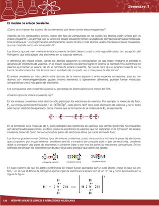 136 INTERPRETA ENLACES QUÍMICOS E INTERACCIONES MOLECULARES
El modelo de enlace covalente.
¿Cómo se combinan los átomos de los elementos que tienen similar electronegatividad?
Además de los compuestos iónicos, existe otro tipo de compuestos en los cuales los átomos están unidos por un
enlace covalente. Los átomos que se unen por enlace covalente forman unidades de compuesto llamadas moléculas.
Una molécula es “un conglomerado eléctricamente neutro de dos o más átomos unidos mediante enlaces covalentes,
que se comporta como una sola partícula”.
Los átomos que se unen mediante enlace covalente también deben cumplir con la regla del octeto, con excepción del
hidrógeno, que sólo acepta dos electrones en su capa de valencia.
A diferencia del enlace iónico, donde los átomos adquieren la configuración de gas noble mediante la pérdida o
ganancia de electrones de valencia, en el enlace covalente los átomos logran lo anterior al compartir los electrones de
valencia que forman el enlace, de ahí el nombre de enlace covalente. Se puede decir que el enlace covalente es “la
fuerza de atracción entre dos átomos como resultado de compartir uno o más pares de electrones”.
El enlace covalente es más común entre átomos de la misma especie o entre especies semejantes; esto es, los
átomos con electronegatividades iguales (mismo elemento) o ligeramente diferentes, pueden formar moléculas
compartiendo uno o más pares de electrones.
Los compuestos son covalentes cuando su porcentaje de electrovalencia es menor del 50%.
¿Cuántos tipos de enlace covalente hay?
En los enlaces covalentes entre átomos sólo participan los electrones de valencia. Por ejemplo: la molécula de flúor,
F2. La configuración electrónica del F es 1s2
2s2
2p5
, cada átomo de F tiene siete electrones de valencia y por lo tanto
sólo hay un electrón desapareado, de tal manera que la formación de la molécula de F2, se representa
En la formación de la molécula de F2 sólo participan dos electrones de valencia. Los demás electrones no enlazantes
son denominados pares libres, es decir, pares de electrones de valencia que no participan en la formación del enlace
covalente, teniendo como consecuencia tres pares de electrones libres por cada átomo de flúor.
Los átomos pueden formar distintos tipos de enlaces covalentes, y esto de acuerdo al número de pares de electrones
que comparten, por lo que tenemos: covalente sencillo o simple si se comparte sólo un par de electrones; covalente
doble al compartir dos pares de electrones y covalente triple si son tres los pares de electrones compartidos. En los
ejemplos se señalan los electrones con punto y cruz para distinguir qué átomo los aporta:
En caso extremo de que los pares electrónicos de enlace fueran aportados por un solo átomo, como el caso del ion
NH4
+
, en el cual el átomo de nitrógeno aporta el par de electrones al enlace con el ion H+
, tal y como se muestra en la
siguiente figura:
 