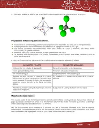 141BLOQUE 5
4. Utilizando la tabla, se observa que la geometría molecular es tetraédrica, como se aprecia en la figura:
Propiedades de los compuestos covalentes.
Al disolverse no forman iones y por ello no se comportan como electrolitos (no conducen la energía eléctrica)
Pueden presentarse prácticamente en cualquier estado de agregación: sólido, líquido y gas.
Los sólidos covalentes macromoleculares tienen altos puntos de fusión y ebullición, son duros, malos
conductores y en general insolubles.
Presentan variados puntos de ebullición, aunque generalmente son bajos.
Se disuelven en solventes polares o no polares, dependiendo si el compuesto tiene enlace covalente polar o no
polar, respectivamente.
A continuación se presentan por separado las propiedades de compuestos polares y no polares:
COVALENTES POLARES COVALENTES NO POLARES
Existen en los tres estados de agregación. Generalmente existen en forma gaseosa.
Tienen gran actividad química. Presentan actividad química media.
Son solubles en agua. Son prácticamente insolubles en agua.
Disueltos en agua permiten el paso de la corriente
eléctrica pero no con la intensidad con la que lo hacen
los compuestos iónicos por lo que a los compuestos
covalentes polares también se les llama electrolitos
débiles.
En estado líquido no permiten el paso de la corriente
eléctrica.
Presentan puntos de fusión y ebullición bajos pero más
altos que los no polares.
Sus puntos de fusión y ebullición son muy bajos.
Modelo del enlace metálico.
Tres cuartas partes de los elementos del sistema periódico son metales, constituyendo así el grupo más extenso. El
papel que estas sustancias han tenido en el desarrollo de la humanidad es tan importante que incluso se distingue
entre la edad de piedra, la edad de bronce y la del hierro.
Una de las cualidades de los metales es la de tener uno, dos o hasta tres electrones en su nivel de valencia.
Generalmente los metales tienden a ceder sus electrones de valencia a otros átomos, como ya se revisó en el enlace
iónico. Entonces surge la pregunta: ¿cómo es que pueden unirse entre átomos metálicos?
 