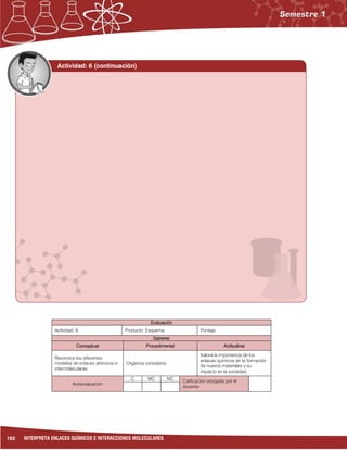162 INTERPRETA ENLACES QUÍMICOS E INTERACCIONES MOLECULARES
Evaluación
Actividad: 6 Producto: Esquema. Puntaje:
Saberes
Conceptual Procedimental Actitudinal
Reconoce los diferentes
modelos de enlaces atómicos e
intermoleculares.
Organiza conceptos.
Valora la importancia de los
enlaces químicos en la formación
de nuevos materiales y su
impacto en la sociedad.
Autoevaluación
C MC NC Calificación otorgada por el
docente
Actividad: 6 (continuación)
 