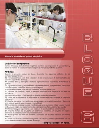 163BLOQUE 6
Maneja la nomenclatura química inorgánica
Unidades de competencia:
Maneja el lenguaje de la Química inorgánica, identifica los compuestos de uso cotidiano y
aplica las normas de seguridad necesarias para el manejo de productos químicos.
Atributos:
Durante el presente bloque se busca desarrollar los siguientes atributos de las
competencias genéricas:
3.2 Toma decisiones a partir de la valoración de las consecuencias de distintos hábitos de
consumo y conductas de riesgo.
4.1 Expresa ideas y conceptos mediante representaciones lingüísticas, Matemáticas o
gráficas.
5.1 Sigue instrucciones y procedimientos de manera reflexiva, comprendiendo cómo cada
uno de sus pasos contribuye al alcance de un objetivo.
5.2 Ordena información de acuerdo a categorías, jerarquías y relaciones.
5.3 Identifica los sistemas y reglas o principios medulares que subyacen a una serie de
fenómenos.
5.4 Construye hipótesis y Diseña y aplica modelos para probar su validez.
5.6 Utiliza las tecnologías de la información y comunicación para procesar e interpretar
información.
6.1 Elige las fuentes de información más relevantes para un propósito específico y discrimina
entre ellas de acuerdo a su relevancia y confiabilidad.
6.3 Reconoce los propios prejuicios, modifica sus propios puntos de vista al conocer nuevas
evidencias, e integra nuevos conocimientos y perspectivas al acervo con el que cuenta.
7.1 Define metas y da seguimiento a sus procesos de construcción de conocimientos.
8.1 Propone manera de solucionar un problema y desarrolla un proyecto en equipo,
definiendo un curso de acción con pasos específicos.
8.2 Aporta puntos de vista con apertura y considera los de otras personas de manera
reflexiva.
8.3 Asume una actitud constructiva, congruente con los conocimientos y habilidades con los
que cuenta dentro de distintos equipos de trabajo.
Tiempo asignado: 14 horas.
 