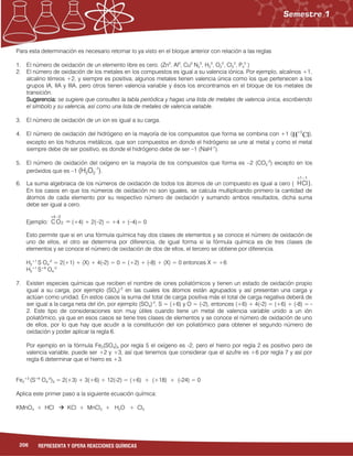 206 REPRESENTA Y OPERA REACCIONES QUÍMICAS
Para esta determinación es necesario retomar lo ya visto en el bloque anterior con relación a las reglas
1. El número de oxidación de un elemento libre es cero. (Zn0
, Al0
, Cu0
N2
0
, H2
0
, O2
0
, Cl2
0
, P4
0
)
2. El número de oxidación de los metales en los compuestos es igual a su valencia iónica. Por ejemplo, alcalinos +1,
alcalino térreos +2, y siempre es positiva, algunos metales tienen valencia única como los que pertenecen a los
grupos IA, IIA y IIIA, pero otros tienen valencia variable y ésos los encontramos en el bloque de los metales de
transición.
Sugerencia: se sugiere que consultes la tabla periódica y hagas una lista de metales de valencia única, escribiendo
el símbolo y su valencia, así como una lista de metales de valencia variable.
3. El número de oxidación de un ion es igual a su carga.
4. El número de oxidación del hidrógeno en la mayoría de los compuestos que forma se combina con +1 (H+1
Cl),
excepto en los hidruros metálicos, que son compuestos en donde el hidrógeno se une al metal y como el metal
siempre debe de ser positivo, es donde el hidrógeno debe de ser –1 (NaH–1
).
5. El número de oxidación del oxígeno en la mayoría de los compuestos que forma es –2 (CO2
-2
) excepto en los
peróxidos que es –1 (H2O2
-1
).
6. La suma algebraica de los números de oxidación de todos los átomos de un compuesto es igual a cero (
11
ClH

).
En los casos en que los números de oxidación no son iguales, se calcula multiplicando primero la cantidad de
átomos de cada elemento por su respectivo número de oxidación y sumando ambos resultados, dicha suma
debe ser igual a cero.
Ejemplo: 2
24
OC

= (+4) + 2(–2) = +4 + (–4)= 0
Esto permite que si en una fórmula química hay dos clases de elementos y se conoce el número de oxidación de
uno de ellos, el otro se determina por diferencia, de igual forma si la fórmula química es de tres clases de
elementos y se conoce el número de oxidación de dos de ellos, el tercero se obtiene por diferencia.
H2
+1
S O4
-2
= 2(+1) + (X) + 4(-2) = 0 = (+2) + (-8) + (X) = 0 entonces X = +6
H2
+1
S+6
O4
-2
7. Existen especies químicas que reciben el nombre de iones poliatómicos y tienen un estado de oxidación propio
igual a su carga, por ejemplo (SO4)-2
en las cuales los átomos están agrupados y así presentan una carga y
actúan como unidad. En estos casos la suma del total de carga positiva más el total de carga negativa deberá de
ser igual a la carga neta del ión, por ejemplo (SO4)-2
, S = (+6) y O = (-2), entonces (+6) + 4(-2) = (+6) + (-8) = -
2. Este tipo de consideraciones son muy útiles cuando tiene un metal de valencia variable unido a un ión
poliatómico, ya que en esos casos se tiene tres clases de elementos y se conoce el número de oxidación de uno
de ellos, por lo que hay que acudir a la constitución del ion poliatómico para obtener el segundo número de
oxidación y poder aplicar la regla 6.
Por ejemplo en la fórmula Fe2(SO4)3 por regla 5 el oxígeno es -2, pero el hierro por regla 2 es positivo pero de
valencia variable, puede ser +2 y +3, así que tenemos que considerar que el azufre es +6 por regla 7 y así por
regla 6 determinar que el hierro es +3.
Fe2
+3
(S+6
O4
-2
)3 = 2(+3) + 3(+6) + 12(-2) = (+6) + (+18) + (-24) = 0
Aplica este primer paso a la siguiente ecuación química:
KMnO4 + HCl  KCl + MnCl2 + H2O + Cl2
 