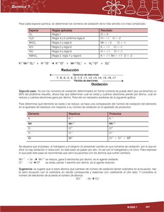 207BLOQUE 7
Para cada especie química, se determinan los números de oxidación de lo más sencillo a lo más complicado.
Especie Reglas aplicadas Resultado
Cl2 Regla 1 Cl = 0
H2O Regla 4 y 5 confirma regla 6 H= +1, O = -2
MnCl2 Regla 2 y regla 6 Mn = +2 Cl = -1
KCl Regla 2 y regla 6 K = +1 Cl = -1
HCl Regla 4 y regla 6 H = +1 Cl = -1
KMnO4 Regla 2, regla 7 y regla 6 K = +1 Mn = +7 O = -2
K+1
Mn+7
O4
-2
+ H+1
Cl-1
 K+1
Cl-1
+ Mn+2
Cl2
-1
+ H2
+1
O-2
+ Cl2
0
Segundo paso. Ya con los números de oxidación determinados en forma correcta se puede decir que ya tenemos un
80% del problema resuelto, ahora hay que determinar cuál se oxida y cuántos electrones pierde por átomo, cuál se
reduce y cuántos electrones gana por átomo. Para ello es necesario auxiliarse de la siguiente gráfica:
Para determinar qué elemento se oxida o se reduce, se hace una comparación del número de oxidación del elemento
en el apartado de reactivos con respecto a su número de oxidación en el apartado de productos.
Elemento Reactivos Productos
K K+1
K+1
Mn Mn+7
Mn+2
O O-2
O-2
H H+1
H+1
Cl Cl-1
Cl-1
+ Cl-1
+ Cl0
Se observa que el potasio, el hidrógeno y el oxígeno no presentan cambio en sus números de oxidación, por lo que en
ellos no hay oxidación ni reducción, en este paso se pasan por alto, no así con el manganeso y el cloro. Para expresar
lo que pide este paso se recomienda usar semi ecuaciones con los átomos que sufren cambios.
Mn+7
+ 5e-
 Mn+2
se reduce, gana 5 electrones por átomo, es el agente oxidante.
Cl-1
- 1e-
 Cl0
se oxida, pierde 1 electrón por átomo, es el agente reductor.
Sugerencia: se sugiere que si estos átomos que cambian de número de oxidación tienen subíndice en la ecuación, haz
la semi ecuación con el subíndice en donde corresponda y balancea con coeficiente el otro lado. Y considera el
número de electrones de acuerdo al número de átomos.
2Cl-1
- 2e-
 Cl2
0
 