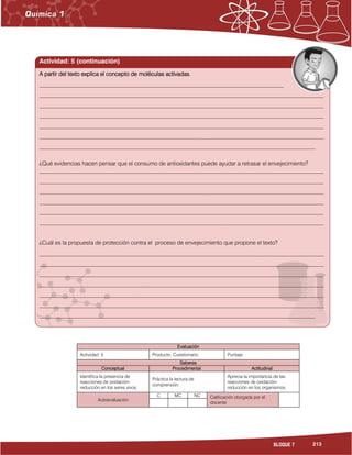 213BLOQUE 7
Evaluación
Actividad: 5 Producto: Cuestionario. Puntaje:
Saberes
Conceptual Procedimental Actitudinal
Identifica la presencia de
reacciones de oxidación-
reducción en los seres vivos.
Práctica la lectura de
comprensión.
Aprecia la importancia de las
reacciones de oxidación-
reducción en los organismos.
Autoevaluación
C MC NC Calificación otorgada por el
docente
Actividad: 5 (continuación)
A partir del texto explica el concepto de moléculas activadas.
_____________________________________________________________________________________
___________________________________________________________________________________________________
___________________________________________________________________________________________________
___________________________________________________________________________________________________
___________________________________________________________________________________________________
___________________________________________________________________________________________________
________________________________________________________________________________________________
¿Qué evidencias hacen pensar que el consumo de antioxidantes puede ayudar a retrasar el envejecimiento?
___________________________________________________________________________________________________
___________________________________________________________________________________________________
___________________________________________________________________________________________________
___________________________________________________________________________________________________
___________________________________________________________________________________________________
___________________________________________________________________________________________________
¿Cuál es la propuesta de protección contra el proceso de envejecimiento que propone el texto?
___________________________________________________________________________________________________
___________________________________________________________________________________________________
___________________________________________________________________________________________________
___________________________________________________________________________________________________
___________________________________________________________________________________________________
___________________________________________________________________________________________________
________________________________________________________________________________________________
 