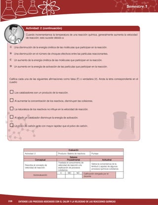 238 ENTIENDE LOS PROCESOS ASOCIADOS CON EL CALOR Y LA VELOCIDAD DE LAS REACCIONES QUÍMICAS
EvaluaciónEvaluaciónEvaluaciónEvaluación
Actividad: 2 Producto: Batería de reactivos. Puntaje:
SaberesSaberesSaberesSaberes
ConceptualConceptualConceptualConceptual ProcedimentalProcedimentalProcedimentalProcedimental ActitudinalActitudinalActitudinalActitudinal
Describe el concepto de
velocidad de reacción.
Traslada el conocimiento de
velocidad de reacción a la
explicación de procesos
cotidianos.
Valora la conveniencia de la
lentitud o rapidez de algunos
procesos químicos cotidianos.
Autoevaluación
C MC NC Calificación otorgada por el
docente
Actividad: 2 (continuación)
Cuando incrementamos la temperatura de una reacción química, generalmente aumenta la velocidad
de reacción; esto sucede debido a:
Una disminución de la energía cinética de las moléculas que participan en la reacción.
Una disminución en el número de choques efectivos entre las partículas reaccionantes.
Un aumento de la energía cinética de las moléculas que participan en la reacción.
Un aumento en la energía de activación de las partículas que participan en la reacción.
Califica cada una de las siguientes afirmaciones como falsa (F) o verdadera (V). Anota la letra correspondiente en el
cuadro
□Los catalizadores son un producto de la reacción.
□Al aumentar la concentración de los reactivos, disminuyen las colisiones.
□La naturaleza de los reactivos no influye en la velocidad de reacción.
□Al añadir un catalizador disminuye la energía de activación.
□Un trozo de carbón arde con mayor rapidez que el polvo de carbón.
 