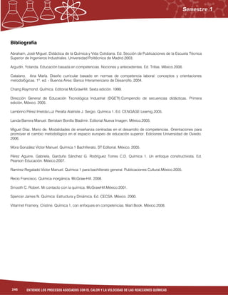 246 ENTIENDE LOS PROCESOS ASOCIADOS CON EL CALOR Y LA VELOCIDAD DE LAS REACCIONES QUÍMICAS
Bibliografía
Abraham, José Miguel. Didáctica de la Química y Vida Cotidiana. Ed. Sección de Publicaciones de la Escuela Técnica
Superior de Ingenieros Industriales. Universidad Politécnica de Madrid.2003.
Argudín, Yolanda. Educación basada en competencias. Nociones y antecedentes. Ed. Trillas. México.2006.
Catalano, Ana María. Diseño curricular basado en normas de competencia laboral: conceptos y orientaciones
metodológicas. 1º. ed. - Buenos Aires: Banco Interamericano de Desarrollo, 2004.
Chang Raymond. Química. Editorial McGrawHill. Sexta edición. 1999.
Dirección General de Educación Tecnológica Industrial (DGETI).Compendio de secuencias didácticas. Primera
edición, México. 2005.
Lambrino Pérez Imelda Luz Peralta Alatriste J. Sergio. Química 1. Ed. CENGAGE Learnig.2005.
Landa Barrera Manuel. Beristain Bonilla Bladimir. Editorial Nueva Imagen. México.2005.
Miguel Díaz, Mario de. Modalidades de enseñanza centradas en el desarrollo de competencias. Orientaciones para
promover el cambio metodológico en el espacio europeo de educación superior. Ediciones Universidad de Oviedo.
2006.
Mora González Víctor Manuel. Química 1 Bachillerato. ST Editorial. México. 2005.
Pérez Aguirre, Gabriela. Garduño Sánchez G. Rodríguez Torres C.D. Química 1. Un enfoque constructivista. Ed.
Pearson Educación. México.2007.
Ramírez Regalado Víctor Manuel. Química 1 para bachillerato general. Publicaciones Cultural.México.2005.
Recio Francisco. Química inorgánica. McGraw-Hill. 2008.
Smooth C. Robert. Mi contacto con la química. McGrawHill.México.2001.
Spencer James N. Química: Estructura y Dinámica. Ed. CECSA. México. 2000.
Villarmet Framery, Cristine. Química 1, con enfoques en competencias. Mart Book. México.2008.
 