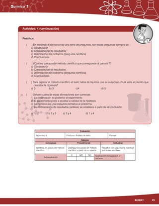29BLOQUE 1
Evaluación
Actividad: 4 Producto: Análisis de texto. Puntaje:
Saberes
Conceptual Procedimental Actitudinal
Identifica los pasos del método
científico.
Distingue los pasos del método
científico, a partir de un reporte.
Resuelve con seguridad y exactitud
sus tareas escolares.
Autoevaluación
C MC NC Calificación otorgada por el
docente
Reactivos:
( ) En el párrafo 6 del texto hay una serie de preguntas, son estas preguntas ejemplo de:
a) Observación
b) Contrastación de resultados
c) Delimitación del problema (pregunta científica)
d) Conclusiones
( ) ¿Cual es la etapa del método científico que corresponde al párrafo 7?
a) Observación
b) Contrastación de resultados
c) Delimitación del problema (pregunta científica)
d) Conclusiones
( ) Para explicar el método científico el texto habla de líquidos que se evaporan ¿Cuál sería el párrafo que
describe la hipótesis?
a) 2 b) 3 c)4 d) 5
( ) Señale cuales de estas afirmaciones son correctas:
1) La observación es posterior al experimento
2) El experimento pone a prueba la validez de la hipótesis
3) La hipótesis es una respuesta tentativa al problema
4) La contrastación de resultados (análisis) se establece a partir de la conclusión
a)1 y 2 b) 2 y 3 c) 3 y 4 d) 1 y 4
Actividad: 4 (continuación)
 