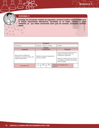 30 IDENTIFICA A LA QUÍMICA COMO UNA HERRAMIENTA PARA LA VIDA
Evaluación
Actividad: 5 Producto: Guía de consulta. Puntaje:
Saberes
Conceptual Procedimental Actitudinal
Reconoce las medidas de
seguridad y primeros auxilios, del
trabajo experimental.
Elabora una guía de seguridad y
primeros auxilios.
Se da cuenta de la importancia de
realizar los experimentos con
medidas de seguridad.
Valora el cuidado personal y de los
compañeros al realizar actividades
experimentales.
Autoevaluación
C MC NC Calificación otorgada por el
docente
Investiga las principales medidas de seguridad y primeros auxilios recomendadas para
el trabajo experimental (laboratorio). Escríbelas en un folder, cartulina o papel
resistente, ya que debes conservarla como guía de consulta. (Considera reutilizar
papel).
Actividad: 5
 
