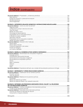 6 PRELIMINARES
Secuencia didáctica 3. Propiedades y tendencias periódicas ................................................................................... 120
Radio atómico ........................................................................................................................................................ 121
Energía de ionización o potencial de ionización.................................................................................................... 122
Afinidad electrónica ................................................................................................................................................ 123
Electronegatividad.................................................................................................................................................. 124
BLOQUE 5. INTERPRETA ENLACES QUÍMICOS E INTERACCIONES MOLECULARES ..............................129
Secuencia didáctica 1. ¿Cómo se unen los átomos?.................................................................................................. 130
Regla del octeto...................................................................................................................................................... 131
Configuración puntual o estructura de Lewis......................................................................................................... 132
Tipos de enlace ...................................................................................................................................................... 132
Modelo de enlace iónico ........................................................................................................................................ 132
Porcentajes de electrovalencia............................................................................................................................... 132
Propiedades de los compuestos iónicos............................................................................................................... 134
El Modelo de enlace covalente .............................................................................................................................. 136
Geometría molecular .............................................................................................................................................. 139
Propiedades de los compuestos covalentes......................................................................................................... 141
Modelo del enlace metálico ................................................................................................................................... 141
Secuencia didáctica 2. Atracción entre moléculas ...................................................................................................... 148
Dipolo-dipolo .......................................................................................................................................................... 150
Dipolo-dipolo inducido ........................................................................................................................................... 150
Fuerzas de dispersión o de London....................................................................................................................... 150
Puente de hidrógeno.............................................................................................................................................. 153
Los nuevos materiales............................................................................................................................................ 157
BLOQUE 6. MANEJA LA NOMENCLATURA QUÍMICA INORGÁNICA............................................................163
Secuencia didáctica 1. Nomenclatura de compuestos inorgánicos ........................................................................... 164
Lenguaje químico ................................................................................................................................................... 166
Procedimiento para escribir fórmulas .................................................................................................................... 166
Nomenclatura de compuestos inorgánicos ........................................................................................................... 169
Nomenclatura de compuestos químicos ............................................................................................................... 171
Óxidos..................................................................................................................................................................... 171
Base o hidróxidos................................................................................................................................................... 173
Hidruros .................................................................................................................................................................. 174
Ácidos..................................................................................................................................................................... 176
Sales ....................................................................................................................................................................... 178
Secuencia didáctica 2. Importancia del buen uso y manejo de los productos químicos en el hogar........................ 184
BLOQUE 7. REPRESENTA Y OPERA REACCIONES QUÍMICAS....................................................................191
Secuencia didáctica 1. Clasificación de los cambios químicos .................................................................................. 192
Ecuación química ................................................................................................................................................... 194
Tipos de reacción................................................................................................................................................... 197
Secuencia didáctica 2. Balanceo de ecuaciones químicas......................................................................................... 201
Simbología.............................................................................................................................................................. 202
Método de balanceo por tanteo............................................................................................................................. 202
Método de balanceo Redox o por oxidación-reducción........................................................................................ 205
BLOQUE 8. ENTIENDE LOS PROCESOS ASOCIADOS CON EL CALOR Y LA VELOCIDAD
DE LAS REACCIONES QUÍMICAS ....................................................................................................................215
Secuencia didáctica 1. Cambios energéticos en las reacciones químicas................................................................. 216
El calor en las reacciones químicas....................................................................................................................... 218
Secuencia didáctica 2. Velocidad de las reacciones químicas................................................................................... 232
Factores que afectan la velocidad de reacción ..................................................................................................... 234
Consumismo e impacto ambiental ........................................................................................................................ 241
Bibliografía................................................................................................................................................... 246
Índice (continuación)
 