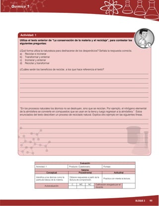 65BLOQUE 3
EvaluaciónEvaluaciónEvaluaciónEvaluación
Actividad: 1 Producto: Cuestionario. Puntaje:
SaberesSaberesSaberesSaberes
ConceptualConceptualConceptualConceptual ProcedimentalProcedimentalProcedimentalProcedimental ActitudinalActitudinalActitudinalActitudinal
Identifica a los átomos como la
partícula básica de la materia.
Obtiene respuestas a partir de la
lectura de comprensión.
Practica con interés la lectura.
Autoevaluación
C MC NC Calificación otorgada por el
docente
Actividad: 1
¿Qué forma utiliza la naturaleza para deshacerse de los desperdicios? Señala la respuesta correcta.
a) Reciclar e incinerar
b) Transformar y enterrar
c) Incinerar y enterrar
d) Reciclar y transformar
¿Cuáles serán los beneficios de reciclar, a los que hace referencia el texto?
___________________________________________________________________________________________________
___________________________________________________________________________________________________
___________________________________________________________________________________________________
___________________________________________________________________________________________________
___________________________________________________________________________________________________
___________________________________________________________________________________________________
___________________________________________________________________________________________________
“En los procesos naturales los átomos no se destruyen, sino que se reciclan. Por ejemplo, el nitrógeno elemental
de la atmósfera se convierte en compuestos que se usan en la tierra y luego regresan a la atmósfera.” Estos
enunciados del texto describen un proceso de reciclado natural. Explica otro ejemplo en las siguientes líneas.
___________________________________________________________________________________________________
___________________________________________________________________________________________________
___________________________________________________________________________________________________
___________________________________________________________________________________________________
___________________________________________________________________________________________________
___________________________________________________________________________________________________
___________________________________________________________________________________________________
Utiliza el texto anterior de “La conservación de la materia y el reciclaje”, para contestar las
siguientes preguntas:
 