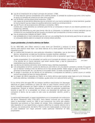 67BLOQUE 3
Símbolos y combinaciones de los
átomos de John Dalton
Ley de la conservación de la masa o principio de Lavoisier. (1789).
En toda reacción química considerada como sistema cerrado, la cantidad de sustancia que entra como reactivo
es igual a la cantidad de sustancia que sale como producto.
Ley de Richter o de las proporciones recíprocas. (1792).
Las masas de los elementos diferentes que se combinan con una misma cantidad de un tercer elemento, guardan
la misma relación que las masas de aquéllos elementos cuando se combinan entre sí.
Ley de Proust o de las proporciones definidas o constantes. (1801).
Cuando dos o más elementos se combinan para formar un compuesto lo hacen en una relación ponderal (o de
masas) fija y definida.
Cuando dos elementos se unen para formar más de un compuesto, la cantidad de un mismo elemento que se
combina con una cantidad fija del otro guarda una relación que corresponde a números enteros sencillos.
Ley de proporciones múltiples de Dalton. (1803).
Las cantidades de un mismo elemento que se unen con una cantidad fija de otro elemento para formar en cada caso
un compuesto distinto están en la relación de números enteros sencillos.
Leyes ponderales y la teoría atómica de Dalton.
En los 1803-1808, John Dalton retoma lo antes dicho por Demócrito y propuso su teoría
atómica para explicar estas leyes. Las ideas básicas de su teoría pueden resumirse en los
siguientes puntos:
La materia está formada de unas partículas indivisibles e inalterables, que se denominan
átomos. (actualmente, se sabe que los átomos sí pueden dividirse y alterarse)
Todos los átomos de un mismo elemento son idénticos entre sí (presentan igual masa e
iguales propiedades). En la actualidad, se cuenta con el concepto de isótopos: que se refiere
a los átomos de un mismo elemento, que tienen distinta masa, y ésa es justamente la
característica que los diferencia entre sí.
Los átomos de distintos elementos tienen distinta masa y distintas propiedades.
Los compuestos se forman cuando los átomos se unen entre sí, en una relación constante y sencilla. Al suponer
que la relación numérica entre los átomos era la más sencilla posible, Dalton asigno al agua la fórmula HO, al
amoniaco la fórmula NH, etc. Los átomos no se pueden dividir, no existe una fracción de átomo.
El arreglo o acomodo de los átomos en los elementos o compuestos es definido y cuando ocurre un cambio
químico ese arreglo se hace de manera diferente.
La imagen del átomo expuesta por Dalton en su teoría atómica para explicar estas leyes es la de minúsculas
partículas esféricas, indivisibles e inmutables, iguales entre sí en cada elemento químico.
En los últimos años del siglos XIX, los trabajos científicos relacionados con descargas
eléctricas en gases contenidos en tubos de vidrio al vacío hicieron concluir que el
átomo indivisible propuesto por Dalton estaba en realidad constituido por partículas
subatómicas. Gracias al extenso desarrollo de la física de partículas subatómicas
durante el siglo XX, en la actualidad, se conoce una diversidad de partículas que
componen el átomo, de las cuales en este curso se abordarán: electrón, protón y
neutrón.
La electricidad desempeñó un papel importantísimo en la comprensión de la estructura
del átomo. Alessandro Volta (1745-1827), físico italiano conocido por sus trabajos
sobre la electricidad, inventó en 1800 lo que conocemos hoy como pila voltaica,
dispositivo que producía un flujo estable de energía. Otros investigadores utilizaron
este dispositivo en sus experimentos y lograron determinar el carácter eléctrico de la
materia y, por consecuencia, del átomo. Pero no fue sino hasta pasado un tiempo que
se pudo establecer con mayor precisión cuáles partículas intervenían en tales
propiedades.
John Dalton
 