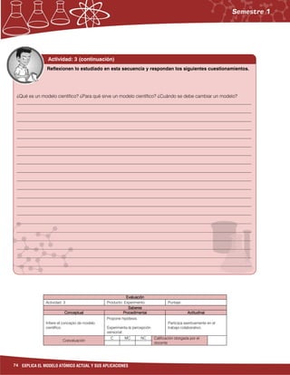 74 EXPLICA EL MODELO ATÓMICO ACTUAL Y SUS APLICACIONES
EvaluaciónEvaluaciónEvaluaciónEvaluación
Actividad: 3 Producto: Experimento. Puntaje:
SaberesSaberesSaberesSaberes
ConceptualConceptualConceptualConceptual ProcedimentalProcedimentalProcedimentalProcedimental ActitudinalActitudinalActitudinalActitudinal
Infiere el concepto de modelo
científico.
Propone hipótesis.
Experimenta la percepción
sensorial.
Participa asertivamente en el
trabajo colaborativo.
Coevaluación
C MC NC Calificación otorgada por el
docente
Actividad: 3 (continuación)
¿Qué es un modelo científico? ¿Para qué sirve un modelo científico? ¿Cuándo se debe cambiar un modelo?
___________________________________________________________________________________________________
___________________________________________________________________________________________________
___________________________________________________________________________________________________
___________________________________________________________________________________________________
___________________________________________________________________________________________________
___________________________________________________________________________________________________
___________________________________________________________________________________________________
___________________________________________________________________________________________________
___________________________________________________________________________________________________
___________________________________________________________________________________________________
___________________________________________________________________________________________________
___________________________________________________________________________________________________
___________________________________________________________________________________________________
___________________________________________________________________________________________________
___________________________________________________________________________________________________
___________________________________________________________________________________________________
___________________________________________________________________________________________________
___________________________________________________________________________________________________
___________________________________________________________________________________________________
___________________________________________________________________________________________________
Reflexionen lo estudiado en esta secuencia y respondan los siguientes cuestionamientos.
 