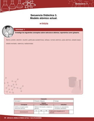 88 EXPLICA EL MODELO ATÓMICO ACTUAL Y SUS APLICACIONES
Secuencia Didáctica 3.
Modelo atómico actual.
Inicio
EvaluaciónEvaluaciónEvaluaciónEvaluación
Actividad: 1 Producto: Glosario. Puntaje:
SaberesSaberesSaberesSaberes
ConceptualConceptualConceptualConceptual ProcedimentalProcedimentalProcedimentalProcedimental ActitudinalActitudinalActitudinalActitudinal
Verifica conceptos sobre
estructura atómica.
Obtiene información y redacta un
glosario.
Expresa con veracidad los
conceptos solicitados.
Autoevaluación
C MC NC Calificación otorgada por el
docente
Actividad: 1
Átomo, protón, electrón, neutrón, partículas subatómicas, isótopo, número atómico, peso atómico, estado basal,
estado excitado, valencia y radiactividad.
Investiga los siguientes conceptos sobre estructura atómica; reportarlos como glosario.
 