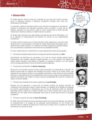 89BLOQUE 3
Debes leer
atentamente el
siguiente tema,
para resolver la
actividad 2
Desarrollo
El modelo atómico actual se basa en el estudio de una rama de la Física conocida
como la Mecánica Cuántica o Mecánica Ondulatoria fundada entre otros por
Heisenberg y Schrödinger.
La mecánica cuántica (conocida también como mecánica ondulatoria) se encarga de
estudiar el movimiento de partículas pequeñas como el electrón. A partir de los
estudios realizados en esta ciencia, surge un nuevo modelo para el átomo llamado
modelo de la mecánica cuántica o modelo mecánico cuántico.
El modelo actual del átomo fue desarrollado principalmente por Erwin Shrödinger, y en
él se describe el comportamiento del electrón en función de sus características
ondulatorias.
La teoría moderna supone que el núcleo del átomo está rodeado por una tenue nube
de electrones, lo cual conserva el concepto de niveles estacionarios de energía, pero a
diferencia del modelo de Bohr, no le atribuye al electrón trayectorias definidas (orbita),
sino que describe su localización en términos de su probabilidad (orbital).
El nuevo modelo atómico se desarrolló con varias aportaciones siendo las principales:
Concepto de estados estacionarios de energía del electrón propuesto por BohrBohrBohrBohr....
Normalmente los electrones se encuentran en el nivel de mínima energía (estado basal o
fundamental), pero pueden absorber energía pasando a un nivel superior más alejado del
núcleo (estaco excitado); este estado es inestable y al regresar el electrón a su nivel original
emite la energía absorbida en forma de radiación electromagnética.
Principio de incertidumbre de Werner HeisenbergWerner HeisenbergWerner HeisenbergWerner Heisenberg.
Afirma que “no es posible conocer al mismo tiempo la posición y la velocidad de un electrón”. El
electrón puede estar en cualquier sitio alrededor del núcleo, menos en el núcleo mismo: hay
regiones de ese espacio donde es muy probable encontrarlo y otras donde es poco probable
localizarlo. La representación de la probabilidad se llama nube de carga o nube electrónica y las
regiones del espacio que rodean al núcleo y donde la probabilidad de encontrar el electrón es
mayor, se llaman orbitales.
Principio de la dualidad de la materia sugerido por Luis de BroglieLuis de BroglieLuis de BroglieLuis de Broglie.
Propuso que los electrones, al igual que los fotones (cuantos de energía luminosa) se
comportan como partículas (masa) y ondas (energía). La hipótesis de De Broglie fue apoyada
por hechos experimentales al demostrarse que un haz de electrones podía ser difractado
haciéndolo pasar a través de un sólido cristalino, de la misma manera que un rayo de luz es
difractado por una rejilla. Erwin Schrödinger tomó esto en cuenta para formular la ecuación
ondulatoria.
Principio o ecuación de onda de Erwin SchrödingerErwin SchrödingerErwin SchrödingerErwin Schrödinger.
En 1926, Erwin Schrödinger formula la llamada ecuación de onda de Schrödinger, que describe
el comportamiento y la energía de las partículas submicroscópicas. Es una función que
incorpora tanto el carácter de partícula (en función de la masa) como el carácter de onda en
términos de una función de onda.
Niels Bohr
Werner Heisemberg
Luis de Broglie
Erwin Schrödinger
 