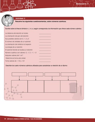 94 EXPLICA EL MODELO ATÓMICO ACTUAL Y SUS APLICACIONES
Actividad: 2
Escribe sobre la línea el símbolo n, l, m, s; según corresponda a la información que ofrece cada número cuántico.Escribe sobre la línea el símbolo n, l, m, s; según corresponda a la información que ofrece cada número cuántico.Escribe sobre la línea el símbolo n, l, m, s; según corresponda a la información que ofrece cada número cuántico.Escribe sobre la línea el símbolo n, l, m, s; según corresponda a la información que ofrece cada número cuántico.
La distancia del electrón al núcleo _______________
La orientación del giro del electrón _______________
Sus posibles valores son 0, 1, 2 y 3 _______________
El número de orbitales de un subnivel _______________
La orientación del orbital en el espacio _______________
La energía de un electrón _______________
El subnivel donde se localiza un electrón _______________
Número cuántico con valores -2, -1, 0, +1, +2 _______________
Adquiere valores del 1 al 7 _______________
Determina la forma del orbital _______________
Toma valores de +1/2 y -1/2 _______________
Describe los cuatro números cuánticos utilizados para caracterizar un electrón de un átomo:Describe los cuatro números cuánticos utilizados para caracterizar un electrón de un átomo:Describe los cuatro números cuánticos utilizados para caracterizar un electrón de un átomo:Describe los cuatro números cuánticos utilizados para caracterizar un electrón de un átomo:
Resuelve los siguientes cuestionamientos, sobre números cuánticos.
 