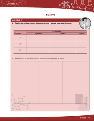 99BLOQUE 3
Cierre
Actividad: 3
ElementoElementoElementoElemento
ConfiguraciónConfiguraciónConfiguraciónConfiguración
AlgebraicaAlgebraicaAlgebraicaAlgebraica GráficaGráficaGráficaGráfica PuntualPuntualPuntualPuntual
7N
13Al
18Ar
Representa en un esquema (modelo) el átomo de los elementos N, Al y Ar.
Realiza las configuraciones algebraica, gráfica y puntual para cada elemento.
 
