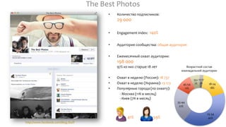 http://www.facebook.com/Blog.Stuff
The Best Photos
• Количество подписчиков:
29 000
• Engagement Index: 140%
• Аудитория сообщества: общая аудитория
• Ежемесячный охват аудитории:
198 000
97% из них старше 18 лет
• Охват в неделю (Россия): 18 737
• Охват в неделю (Украина): 13 123
• Популярные города (по охвату):
- Москва (11К в месяц)
- Киев (7К в месяц)
41% 59%
12-17
2% 18-24
18%
25-34
40%
35-44
22%
45-54
11%
55+
7%
Возрастной состав
еженедельной аудитории
 