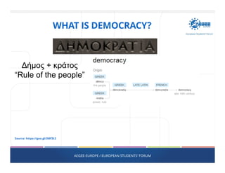 WHAT IS DEMOCRACY?
AEGEE-EUROPE / EUROPEAN STUDENTS' FORUM
∆ήµος + κράτος
“Rule of the people”
Source: https://goo.gl/3Mf3t2
 