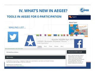 AEGEE-EUROPE / EUROPEAN STUDENTS' FORUM
TOOLS IN AEGEE FOR E-PARTICIPATION
MAILING LIST…
IV. WHAT’S NEW IN AEGEE?
 