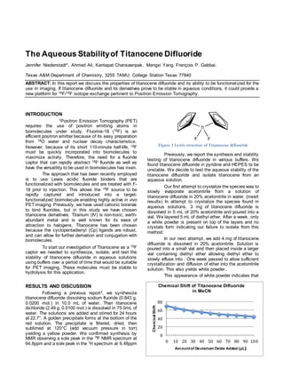The Aqueous Stabilityof Titanocene Difluoride
Jennifer Niederstadt*, Ahmed Ali, Kantapat Chansaenpak, Mengxi Yang, François P. Gabbai.
Texas A&M Department of Chemistry, 3255 TAMU, College Station Texas 77840
ABSTRACT: In this report we discuss the properties of titanocene difluoride and its ability to be functionalized for the
use in imaging. If titanocene difluoride and its derivatives prove to be stable in aqueous conditions, it could provide a
new platform for 18F/19F isotope exchange pertinent to Positron Emission Tomography.
INTRODUCTION
1Positron Emission Tomography (PET)
requires the use of positron emitting atoms in
biomolecules under study. Fluorine-18 (18F) is an
efficient positron emitter because of its easy preparation
from 18O water and nuclear decay characteristics.
However, because of its short 110-minute half-life, 18F
must be quickly incorporated into biomolecules to
maximize activity. Therefore, the need for a fluoride
captor that can rapidly abstract 18F fluoride as well as
have the versatility to be used in biomolecules has risen.
The approach that has been recently employed
is to use Lewis acidic fluoride binders that are
functionalized with biomolecules and are treated with F-
18 prior to injection. This allows the 18F source to be
rapidly captured and introduced into a target-
functionalized biomolecule enabling highly active in vivo
PET imaging. Previously, we have used cationic boranes
to bind fluorides, but in this study we have chosen
titanocene derivatives. Titanium (IV) is non-toxic, earth-
abundant metal and is well known for its ease of
attraction to halogens. Titanocene has been chosen
because the cyclopentadienyl (Cp) ligands are robust,
and can allow for further derivation and conjugation with
biomolecules.
To start our investigation of Titanocene as a 18F
captor we needed to synthesize, isolate, and test the
stability of titanocene difluoride in aqueous solutions
using buffers over a period of time that would be suitable
for PET imaging. These molecules must be stable to
hydrolysis for this application.
RESULTS AND DISCUSSION
Following a previous report2, we synthesize
titanocene difluoride dissolving sodium fluoride (0.843 g,
0.0200 mol.) in 10.0 mL of water. Then titanocene
dichloride (2.49 g, 0.0100 mol.) is dissolved in 75.0mL of
water. The solutions are added and stirred for 24 hours
at 22.7°. A golden precipitate forms at the bottom of the
red solution. The precipitate is filtered, dried, then
sublimed at 120°C (add vacuum pressure in torr)
yielding a yellow powder. We confirmed synthesis by
NMR observing a sole peak in the 19
F NMR spectrum at
64.8ppm and a sole peak in the 1
H spectrum at 6.48ppm
Figure 1 Lewis structure of Titanocene difluoride
Previously, we report the synthesis and stability
testing of titanocene difluoride in various buffers. We
found titanocene difluoride in pyridine and HEPES to be
unstable. We decide to test the aqueous stability of the
titanocene difluoride and isolate titanocene from an
aqueous solution.
Our first attempt to crystalize the species was to
slowly evaporate acetonitrile from a solution of
titanocene difluoride in 20% acetonitrile in water. (insert
results) In attempt to crystalize the species found in
aqueous solutions, 3 mg of titanocene difluoride is
dissolved in 5 mL of 20% acetonitrile and poured into a
vial. We layered 5 mL of diethyl ether. After a week, only
a white powder is present on top of the layers and no
crystals form indicating our failure to isolate from this
method.
In our next attempt, we add 4.mg of titanocene
difluoride is dissolved in 20% acetonitrile. Solution is
poured into a small vial and then placed inside a larger
vial containing diethyl ether allowing diethyl ether to
slowly effuse into . One week passed to allow sufficient
crystallization and diffusion of ether into the acetonitrile
solution. This also yields white powder..
This appearance of white powder indicates that
0
20
40
60
80
0 10 20 30 40 50 60 70 80 90 100
ChemicalShift
Amountof Deuterium Oxide Added (μL)
Chemical Shift of Titanocene Difluoride
in MeCN
 
