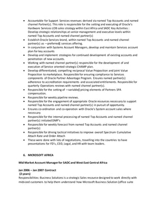  Accountable for Support Services revenues derived via named Top Accounts and named
channel Partner(s). This role is responsible for the setting and executing of Oracle's
Hardware Services LOB sales strategy within East Africa and SADC Key Activities :
Develop strategic relationships at senior management and executive levels within
named Top Accounts and named channel partner(s)
 Establish Oracle Services brand, within named Top Accounts and named channel
partner(s) as ―preferred‖ services offering.
 In conjunction with Systems Account Managers, develop and maintain Services account
plan for key accounts
 Develop and implement strategies for continued development of existing accounts and
penetration of new accounts.
 Working with named channel partner(s) responsible for the development of and
execution of Service oriented strategic CHAMP plan.
 Develop differentiated, compelling reciprocal Value Proposition and joint Value
Proposition to marketplace. Responsible for ensuring compliance to Services
components of Oracle Partner Advantage Program. Ensures named partner(s)
adherence to accreditation requirements and associated entitlements. Responsible for
quarterly Operations reviews with named channel partner(s).
 Responsible for the setting of ―variable‖ pricing elements of Partners SPA
compensation.
 Responsible for weekly pipeline reviews.
 Responsible for the engagement of appropriate Oracle resources necessary to support
named Top Accounts and named channel partner(s) in pursuit of opportunity.
 Ensures co-ordination and co-operation with Oracle's System account sales where
necessary
 Responsible for the internal processing of named Top Accounts and named channel
partner(s) initiated DMP's
 Responsible for weekly forecast from named Top Accounts and named channel
partner(s)
 Responsible for driving tactical initiatives to improve overall Spectrum Cumulative
Attach Rate and Order Attach
 These were done with lots of negotiations, travelling into the countries to have
presentations for FD's, CEO, Legal, and HR with team leaders.
6. MICROSOFT AFRICA
Mid Market Account Managerfor SADC and West East Central Africa
Jan 2006 – Jan 2007 Contract
(2 years)
Responsibilities: Business Solutions is a strategic Sales resource designed to work directly with
midsized customers to help them understand how Microsoft Business Solution (office suite
 