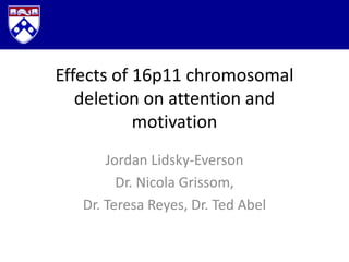 Effects of 16p11 chromosomal
deletion on attention and
motivation
Jordan Lidsky-Everson
Dr. Nicola Grissom,
Dr. Teresa Reyes, Dr. Ted Abel
 