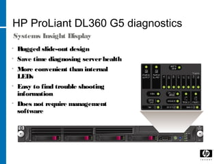 HP ProLiant DL360 G5 diagnostics
Systems Insight Display
• Rugged slide-out design
• Save time diagnosing serverhealth
• More convenient than internal
LEDs
• Easy to find trouble shooting
information
• Does not require management
software
 
