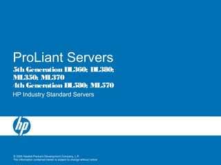© 2006 Hewlett-Packard Development Company, L.P.
The information contained herein is subject to change without notice
ProLiant Servers
HP Industry Standard Servers
5th Generation DL360; DL380;
ML350; ML370
4th Generation DL580; ML570
 