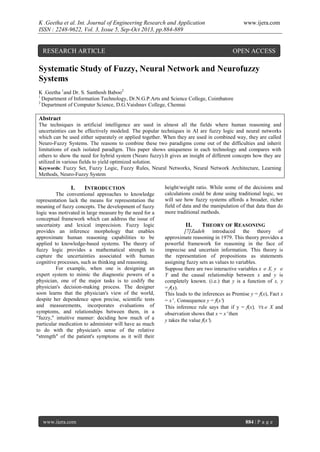 K .Geetha et al. Int. Journal of Engineering Research and Application
ISSN : 2248-9622, Vol. 3, Issue 5, Sep-Oct 2013, pp.884-889

RESEARCH ARTICLE

www.ijera.com

OPEN ACCESS

Systematic Study of Fuzzy, Neural Network and Neurofuzzy
Systems
K .Geetha 1and Dr. S. Santhosh Baboo2
1
Department of Information Technology, Dr.N.G.P.Arts and Science College, Coimbatore
2
Department of Computer Science, D.G.Vaishnav College, Chennai

Abstract
The techniques in artificial intelligence are used in almost all the fields where human reasoning and
uncertainties can be effectively modeled. The popular techniques in AI are fuzzy logic and neural networks
which can be used either separately or applied together. When they are used in combined way, they are called
Neuro-Fuzzy Systems. The reasons to combine these two paradigms come out of the difficulties and inherit
limitations of each isolated paradigm. This paper shows uniqueness in each technology and compares with
others to show the need for hybrid system (Neuro fuzzy).It gives an insight of different concepts how they are
utilized in various fields to yield optimized solution.
Keywords: Fuzzy Set, Fuzzy Logic, Fuzzy Rules, Neural Networks, Neural Network Architecture, Learning
Methods, Neuro-Fuzzy System

I.

INTRODUCTION

The conventional approaches to knowledge
representation lack the means for representation the
meaning of fuzzy concepts. The development of fuzzy
logic was motivated in large measure by the need for a
conceptual framework which can address the issue of
uncertainty and lexical imprecision. Fuzzy logic
provides an inference morphology that enables
approximate human reasoning capabilities to be
applied to knowledge-based systems. The theory of
fuzzy logic provides a mathematical strength to
capture the uncertainties associated with human
cognitive processes, such as thinking and reasoning.
For example, when one is designing an
expert system to mimic the diagnostic powers of a
physician, one of the major tasks is to codify the
physician's decision-making process. The designer
soon learns that the physician's view of the world,
despite her dependence upon precise, scientific tests
and measurements, incorporates evaluations of
symptoms, and relationships between them, in a
"fuzzy," intuitive manner: deciding how much of a
particular medication to administer will have as much
to do with the physician's sense of the relative
"strength" of the patient's symptoms as it will their

www.ijera.com

height/weight ratio. While some of the decisions and
calculations could be done using traditional logic, we
will see how fuzzy systems affords a broader, richer
field of data and the manipulation of that data than do
more traditional methods.

II.

THEORY OF REASONING

[7]Zadeh introduced the theory of
approximate reasoning in 1979. This theory provides a
powerful framework for reasoning in the face of
imprecise and uncertain information. This theory is
the representation of propositions as statements
assigning fuzzy sets as values to variables.
Suppose there are two interactive variables x  X, y 
Y and the causal relationship between x and y is
completely known. (i.e.) that y is a function of x, y
=(x).
This leads to the inferences as Premise y = f(x), Fact x
= x , Consequence y = f(x)
This inference rule says that if y = f(x), x X and
observation shows that x = x then
y takes the value f(x).

884 | P a g e

 