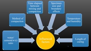 Influenced
factors
water/
cement(w/c)
ratio
Method of
compaction
Time elapsed
between
mixing and
compaction
Specimen
size and
boundary
effects
Temperature
and humidity
Length of
curing
16
 