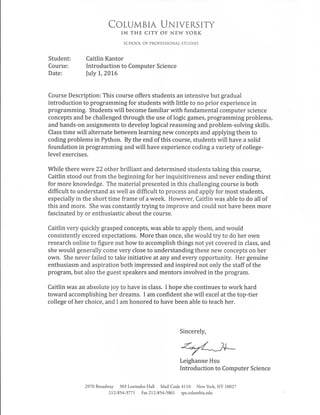 Columbia CS Letter of Recommendation 070116