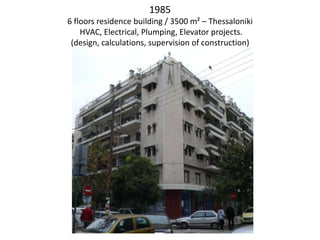 1985
6 floors residence building / 3500 m² – Thessaloniki
HVAC, Electrical, Plumping, Elevator projects.
(design, calculations, supervision of construction)
 