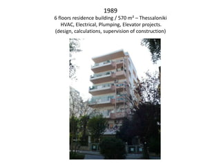 1989
6 floors residence building / 570 m² – Thessaloniki
HVAC, Electrical, Plumping, Elevator projects.
(design, calculations, supervision of construction)
 