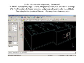 2003 – 2016 Potamos – Epanomi / Thessaloniki
16.000 m² Touristic camping / 2 hotel buildings / Restaurant, bar, 2 residence buildings
LPG, Fire Protection, Biological treatment unit projects, Environmental Impact Study,
Operational / Constructional licenses – Constructions – improvements.
 
