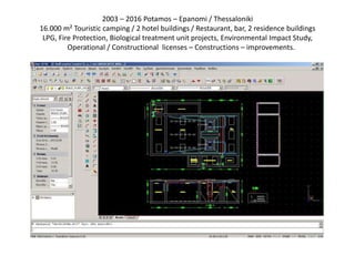 2003 – 2016 Potamos – Epanomi / Thessaloniki
16.000 m² Touristic camping / 2 hotel buildings / Restaurant, bar, 2 residence buildings
LPG, Fire Protection, Biological treatment unit projects, Environmental Impact Study,
Operational / Constructional licenses – Constructions – improvements.
 