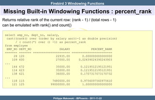 Firebird 3 Windowing Functions

Missing Built-in Windowing Functions : percent_rank
Returns relative rank of the current row: (rank - 1) / (total rows - 1)
can be emulated with rank() and count()

 select emp_no, dept_no, salary,
  cast((rank() over (order by salary asc))-1 as double precision)
       / ( count(*) over () -1) as percent_rank
 from employee
  EMP_NO DEPT_NO                 SALARY           PERCENT_RANK
 ======= ======= ===================== =======================
      28 120                  22935.00       0.000000000000000
     109 600                  27000.00     0.02439024390243903
 ...
     144 672                  35000.00      0.1219512195121951
     114 623                  35000.00      0.1219512195121951
     138 621                  36000.00      0.1707317073170732
 ...
     118 115                7480000.00      0.9756097560975610
     121 125               99000000.00       1.000000000000000



                               Philippe Makowski - IBPhoenix - 2011-11-22
 