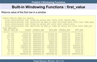Firebird 3 Windowing Functions

         Built-in Windowing Functions : first_value
Returns value of the first row in a window

 select emp_no, dept_no, salary,
   first_value(salary) over (order by salary desc nulls last) overall_max,
   first_value(salary) over (partition by dept_no order by salary desc nulls last) dept_max,
   first_value(salary) over (order by salary asc nulls last) overall_min,
   first_value(salary) over (partition by dept_no order by salary asc nulls last) dept_min
 from employee;
  EMP_NO DEPT_NO       SALARY OVERALL_MAX      DEPT_MAX OVERALL_MIN       DEPT_MIN
 ======= ======= ============ ============ ============ ============ ============
      12 000         53793.00 99000000.00     212850.00     22935.00      53793.00
     105 000        212850.00 99000000.00     212850.00     22935.00      53793.00
     127 100         44000.00 99000000.00     111262.50     22935.00      44000.00
      85 100        111262.50 99000000.00     111262.50     22935.00      44000.00
      34 110         61637.81 99000000.00      68805.00     22935.00      61637.81
      61 110         68805.00 99000000.00      68805.00     22935.00      61637.81
     110 115       6000000.00 99000000.00    7480000.00     22935.00   6000000.00
     118 115       7480000.00 99000000.00    7480000.00     22935.00   6000000.00
      28 120         22935.00 99000000.00      39224.06     22935.00      22935.00
      37 120         39224.06 99000000.00      39224.06     22935.00      22935.00
     121 125      99000000.00 99000000.00 99000000.00       22935.00 99000000.00



                               Philippe Makowski - IBPhoenix - 2011-11-22
 