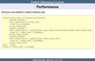 Firebird 3 Windowing Functions

                                  Performance
And you can extend it nearly without cost

 SELECT ORDER_DATE, PO_NUMBER,QTY_ORDERED,
       SUM(QTY_ORDERED)
       OVER (PARTITION BY ORDER_DATE
        ORDER BY PO_NUMBER)
       AS QTY_CUMUL_DAY,
       SUM(QTY_ORDERED)
       OVER (PARTITION BY EXTRACT(YEAR FROM ORDER_DATE),EXTRACT(MONTH FROM ORDER_DATE)
        ORDER BY ORDER_DATE, PO_NUMBER)
       AS QTY_CUMUL_MONTH,
       SUM(QTY_ORDERED)
       OVER (PARTITION BY EXTRACT(YEAR FROM ORDER_DATE)
        ORDER BY ORDER_DATE, PO_NUMBER)
       AS QTY_CUMUL_YEAR
 FROM   SALES
 ORDER BY ORDER_DATE, PO_NUMBER




                             Philippe Makowski - IBPhoenix - 2011-11-22
 