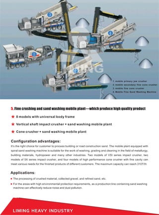LIMING HEAVY INDUSTRY
5. Fine crushing and sand washing mobile plant—which produce high quality product
It’s the right choice for customer to process building or road construction sand. The mobile plant equipped with
spiral sand washing machine is suitable for the work of washing, grading and cleaning in the field of metallurgy,
building materials, hydropower and many other industries. Two models of VSI series impact crusher, two
models of 5X series impact crusher, and four models of high performance cone crusher with fine cavity can
meet various needs for the finished products of different customers. The maximum capacity can reach 310T/H.
Configuration advantages:
8 models with universal body frame
Vertical shaft impact crusher + sand washing mobile plant
Applications:
The processing of crushed material, collected gravel, and refined sand, etc.
Cone crusher + sand washing mobile plant
For the areas with high environmental protection requirements, as a production line containing sand washing
machine can effectively reduce noise and dust pollution.
1.mobile primary jaw crusher
2.mobile secondary/fine cone crusher
3.mobile fine cone crusher
4.Mobile Fine Sand Washing Machine
 