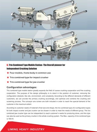 LIMING HEAVY INDUSTRY
6. Trio Combined Type Mobile Station- The Overall pioneer for
Independent Crushing Solution
Trio combined type mobile station greatly expands the field of coarse crushing cooperation and fine crushing
cooperation. The purpose of the design philosophy is to stand in the position of customer, removing the
configuration obstacle, like site, environment, and complexity. According to the different demands of different
customers, we can provide the primary crushing accordingly, and optimize and combine the crushing and
screening process. The conveyor ans screen are both included in order to reach the special demand of the
customer in the maximum extent.
According to customer needs of material’s final size and shape, the trio combined type of 2 configuration types
for both impact crusher and jaw crusher can be chosen in order to meet the needs of different group. The trio
combined jaw crusher type can be independent to reach customer’s needs for producing stone, and this type
can also be used as the primary crusher in the whole crushing system. The Max. capacity of trio combined type
is 180 t/h.
Configuration advantages:
Four models, frame body in common use
Trio combined type for impact crusher
Trio combined type for jaw crusher
 