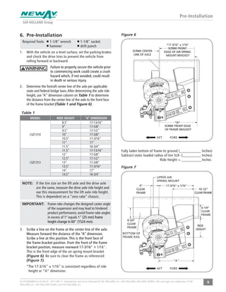 9XL-PS20005BM-en-US Rev B · 2015-08-13 · Amendments and Errors Reserved © SAF-HOLLAND, Inc., SAF-HOLLAND, HOLLAND, NEWAY, SAF, and logos are trademarks of SAF-
HOLLAND S.A., SAF-HOLLAND GmbH, and SAF-HOLLAND, Inc.
6. Pre-Installation
Required Tools: 1-1/8" wrench 1-1/8" socket
hammer drift punch
1. With the vehicle on a level surface, set the parking brakes
and chock the drive tires to prevent the vehicle from
rolling forward or backward.
Failure to properly secure the vehicle prior
to commencing work could create a crush
hazard which, if not avoided, could result
in death or serious injury.
2. Determine the fore/aft center line of the axle per applicable
state and federal bridge laws.After determining the axle ride
height, use “A“ dimension column on Table 1 to determine
the distance from the center line of the axle to the front face
of the frame bracket (Table 1 and Figure 6).
Table 1
MODEL RIDE HEIGHT “A” DIMENSION
LSZ1310
8.5" 17-13/16"
9" 17-5/8"
9.5" 17-1/2"
10" 17-3/8"
10.5" 17-3/16"
11" 17"
11.5" 16-3/4"
LSZ1313
11.5" 17-13/16"
12" 17-5/8"
12.5" 17-1/2"
13" 17-3/8"
13.5" 17-3/16"
14" 17"
14.5" 16-3/4"
10-1/2"
CLEARFRAME
4-3/4"
CLEAR
FRAME
4"
CLEAR
FRAME
RIDE
HEIGHT
"A"
6-1/4"
CLEAR
FRAME
17-3/16" ± 1/16"
Figure 6
Figure 7
Pre-Installation
UPPER AIR
SPRING MOUNT
BOTTOM OF
FRAME RAIL
AFT FORE
SCRIBE CENTER
LINE OF AXLE
“A”
*17 3/16" ± 1/16"
SCRIBE FRONT
EDGE OF AIR SPRING
MOUNT BRACKET
SCRIBE FRONT EDGE
OF FRAME BRACKET
AFT FORE
NOTE: If the tire size on the lift axle and the drive axle
are the same, measure the drive axle ride height and
use this measurement for the lift axle ride height.
This is dependent on a “zero rake” chassis.
IMPORTANT: Frame rake changes the designed caster angle
of the suspension and may lead to hindered
product performance, avoid frame rake angles
1" (25 mm) frame
height change in 60" (1524 mm).
3. Scribe a line on the frame at the center line of the axle.
Measure forward the distance of the “A” dimension.
Scribe a line at this position. This is the front face of
the frame bracket position. From the front of the frame
bracket position, measure rearward 17-3/16" ± 1/16".
This is the front edge of the air spring mount bracket
(Figure 6). Be sure to clear the frame as referenced
(Figure 7).
*The 17-3/16" ± 1/16" is consistant regardless of ride
height or "A" dimension.
Fully laden bottom of frame to ground (____________ Inches)
Subtract static loaded radius of tire SLR -(___________ Inches)
Ride Height = ____________ Inches
 